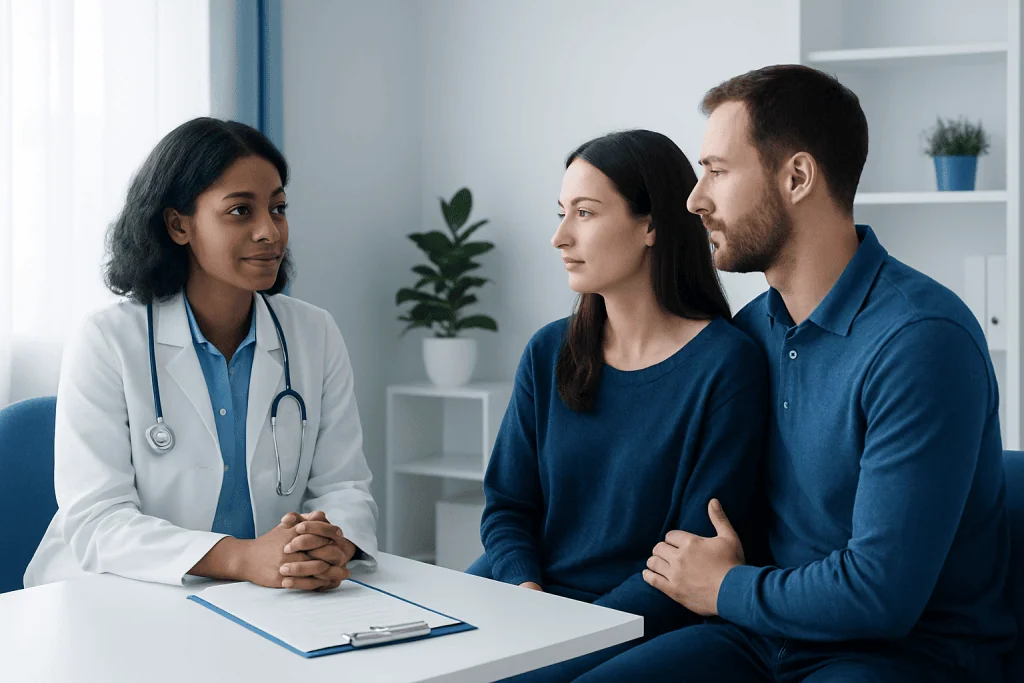 Doctor consulting with a couple about health concerns in a modern clinic.