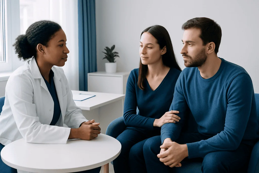 Doctor consulting couple about intimacy health in a clinic setting.