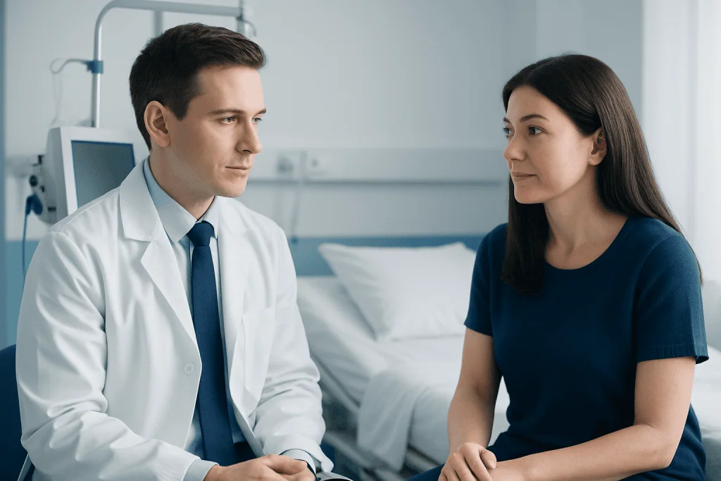 Doctor consulting with a female patient in a hospital room.