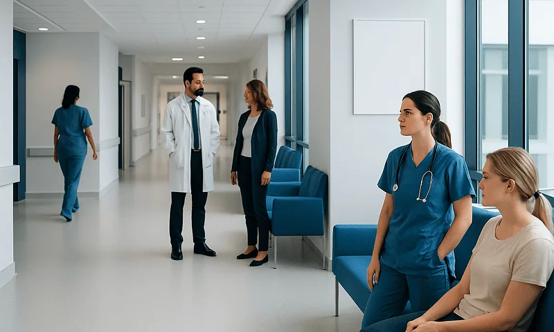 Hospital corridor with medical staff and patients at Acibadem Hospitals Group.