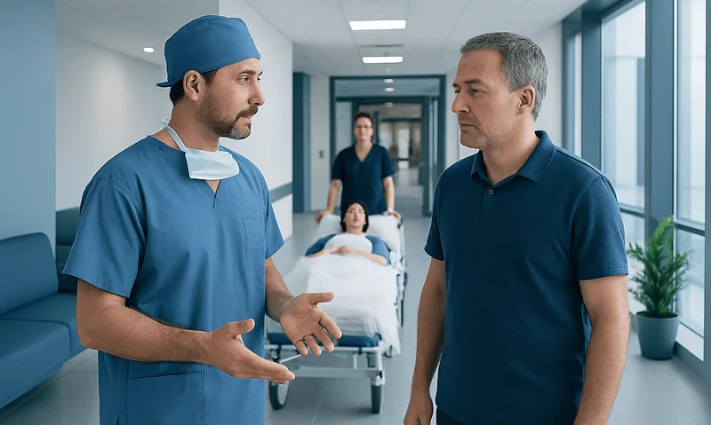 Doctor discussing with patient in hospital corridor with a patient bed in background.