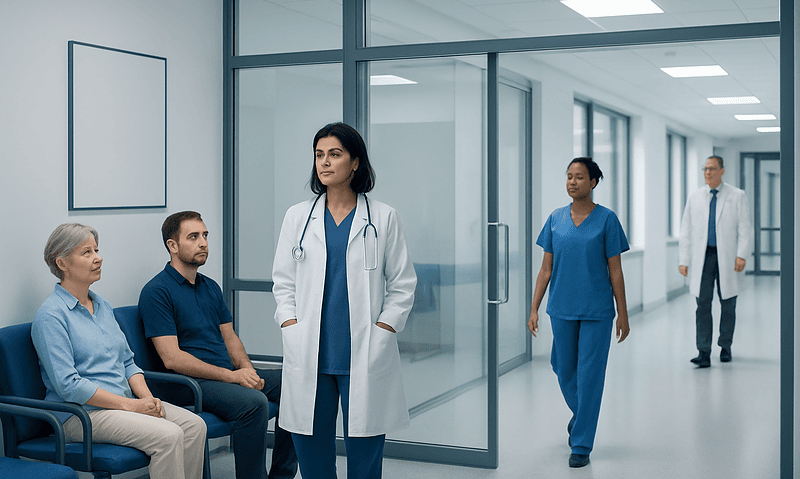 Medical team consulting with patient in hospital corridor at Acibadem Hospitals Group.