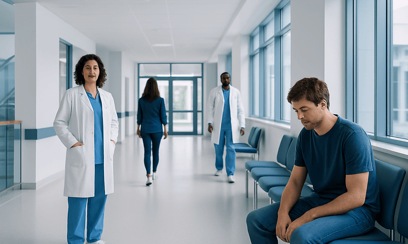 Patient waiting in hospital corridor with medical staff nearby.