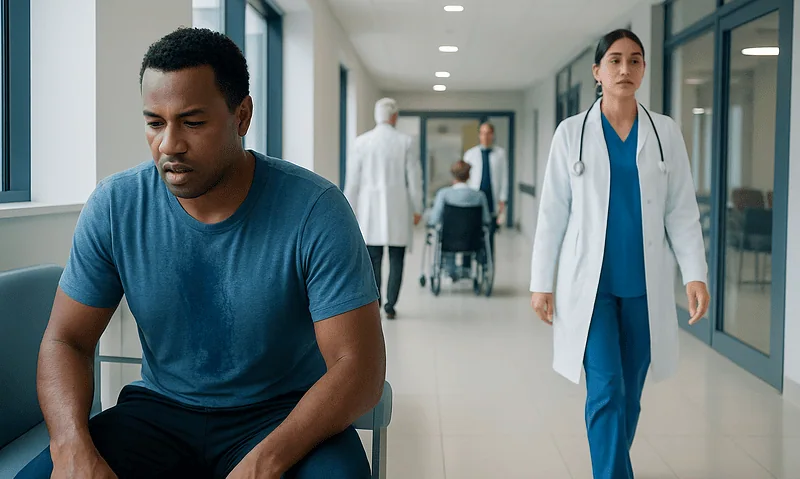 Patient waiting in hospital corridor with medical staff nearby.