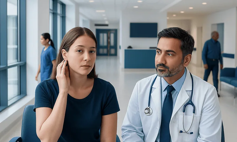 Patient consulting doctor about ear swelling in hospital corridor.