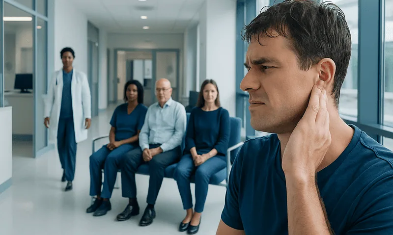 Swimmer's Ear: What Patients Need to Know 10 Patient experiencing ear pain in a hospital corridor with medical staff nearby.