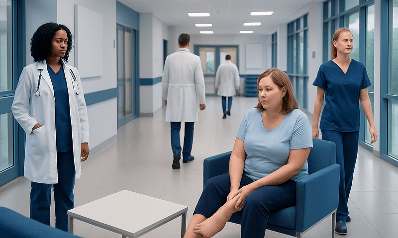 Patients and healthcare professionals in a hospital corridor.