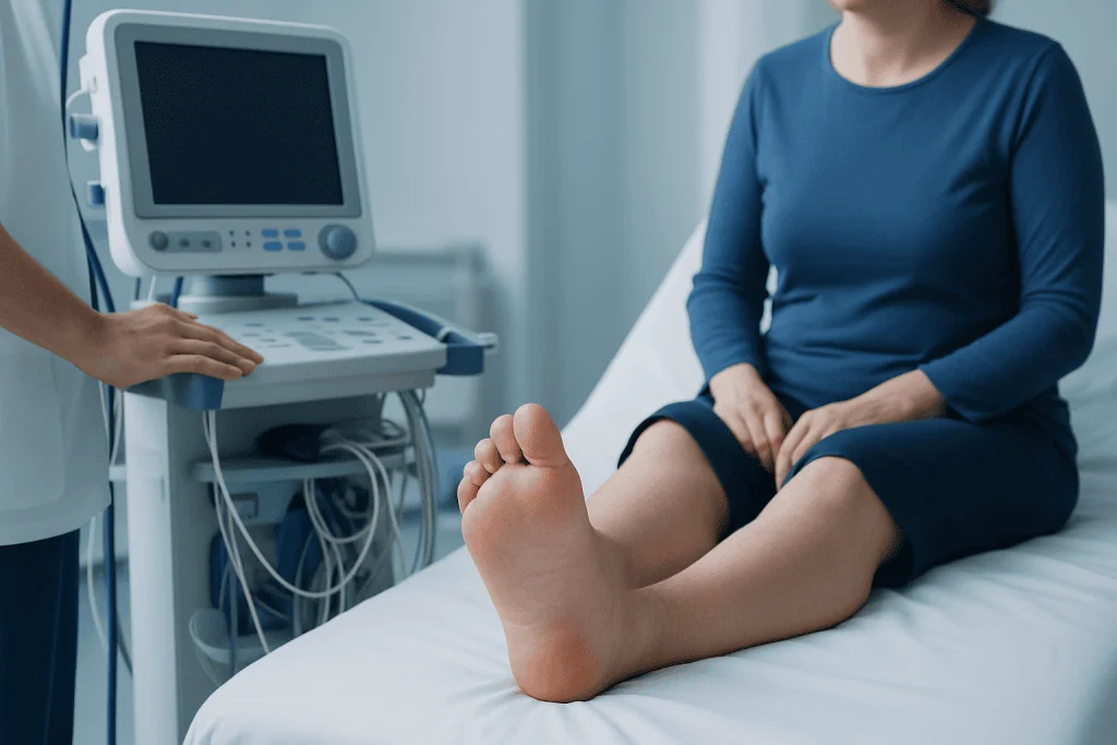 Patient's swollen foot examined with ultrasound at Acibadem Hospital.