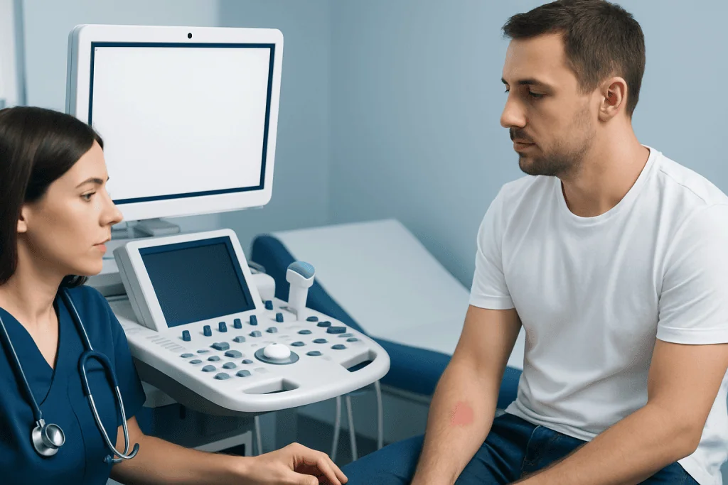 Doctor consulting with patient in a medical examination room.