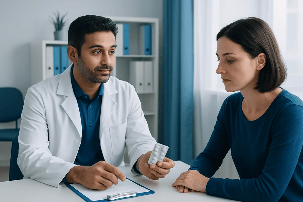 Doctor explaining medication to female patient in consultation room.