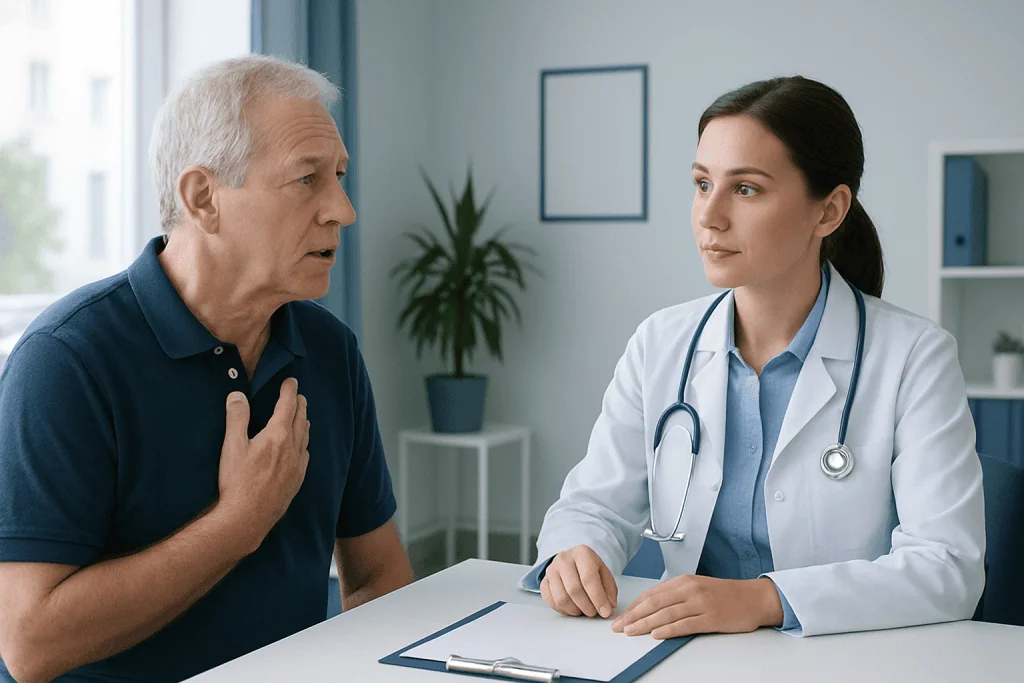 Doctor consulting with an elderly male patient in a medical office.