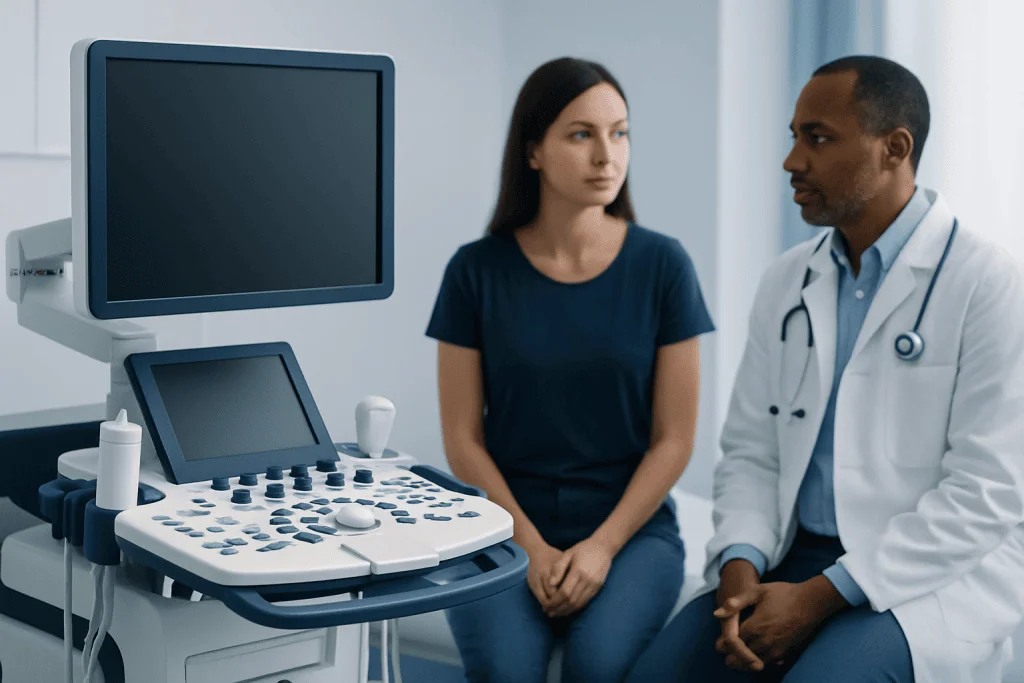 Doctor consulting a patient in a medical examination room with ultrasound equipment.