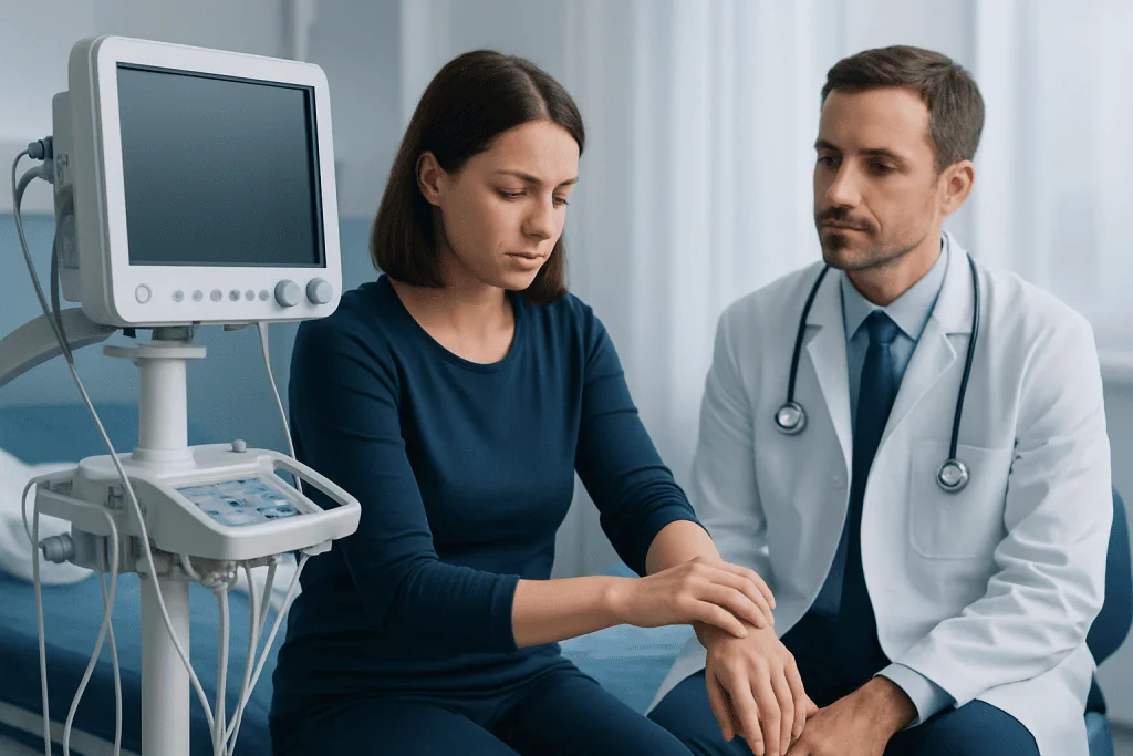 Doctor examining patient's wrist in a medical consultation room.