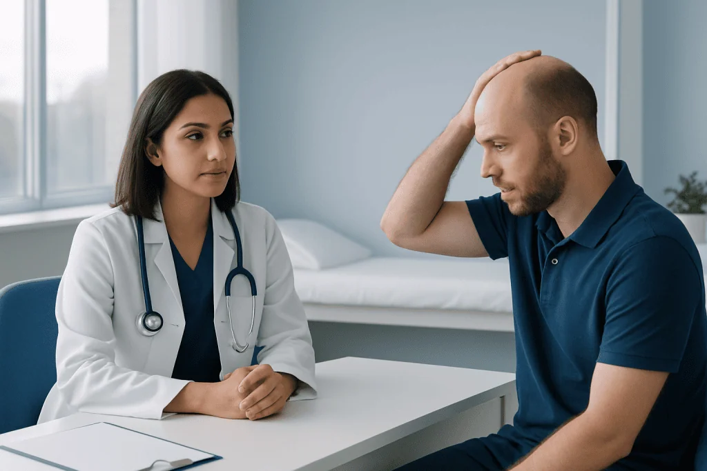 Doctor consulting with male patient about hair loss or scalp issues.