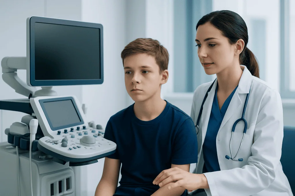 Pediatric doctor performing an ultrasound exam on a young boy in a hospital.