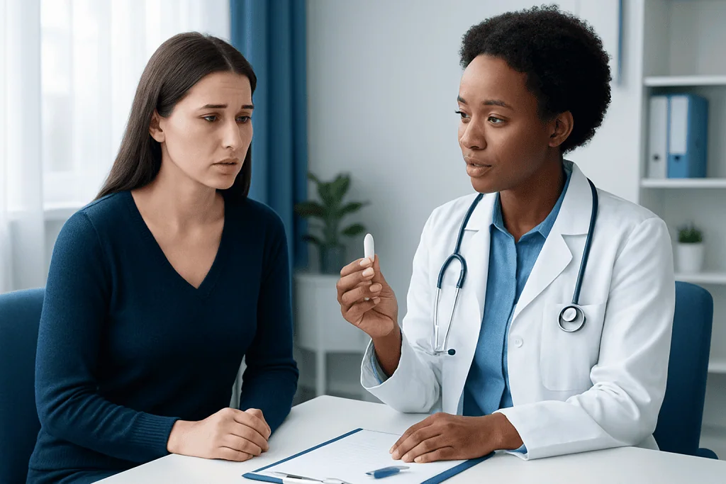 Doctor explaining vaginal suppositories to patient in consultation room.