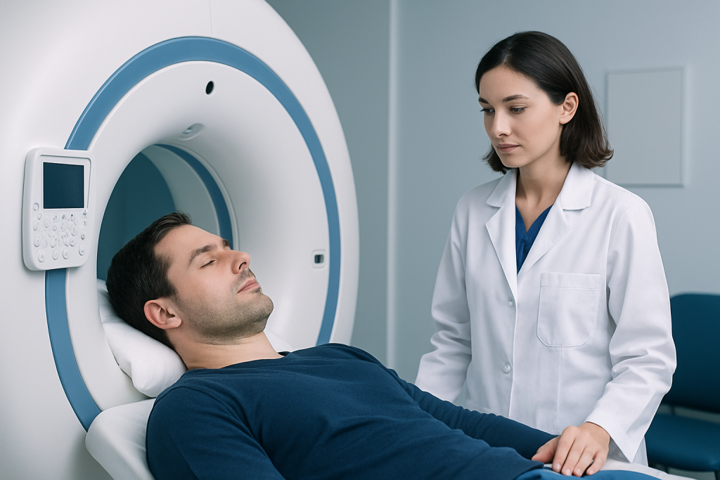 Patient undergoing brain MRI scan in a hospital setting.