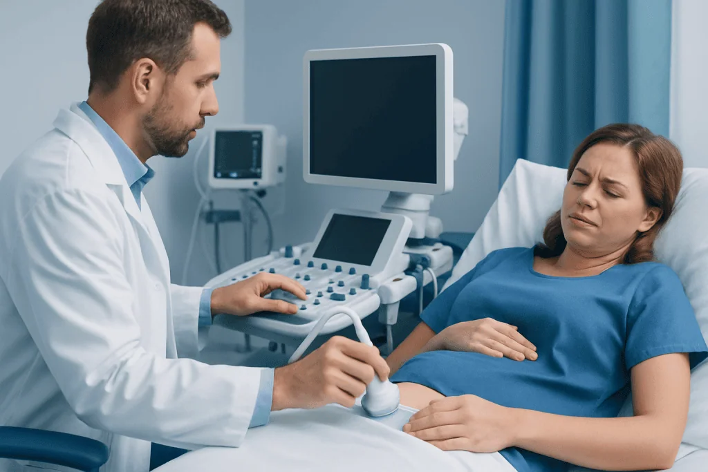 Doctor performing ultrasound on a pregnant woman in hospital.