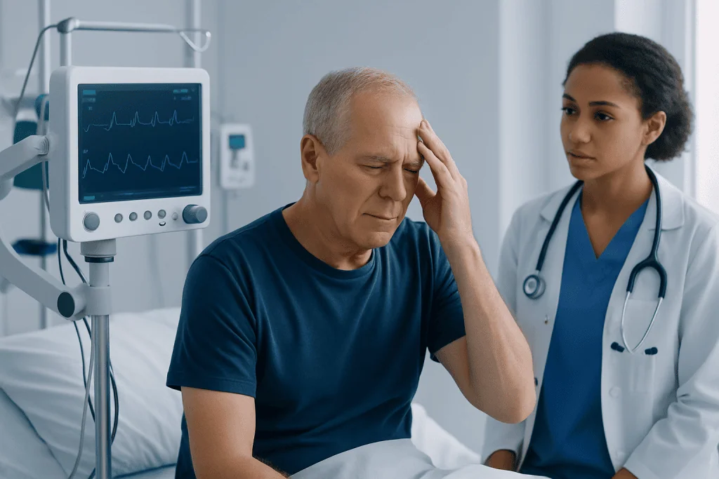 Elderly man experiencing headache in hospital with medical staff nearby.
