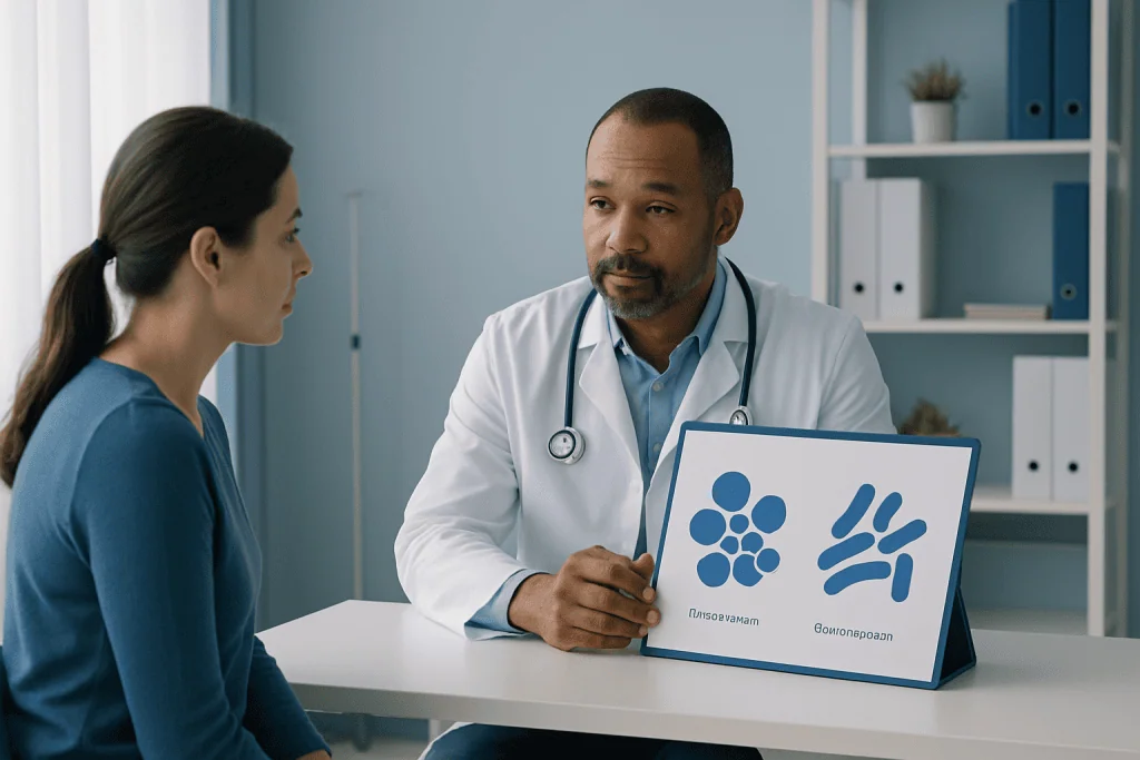 Doctor explaining blood test results to a patient in a medical office.