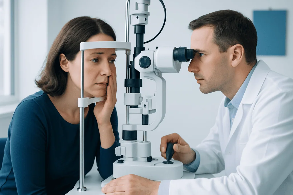 Optometrist examines patient's eye using slit lamp in clinic.