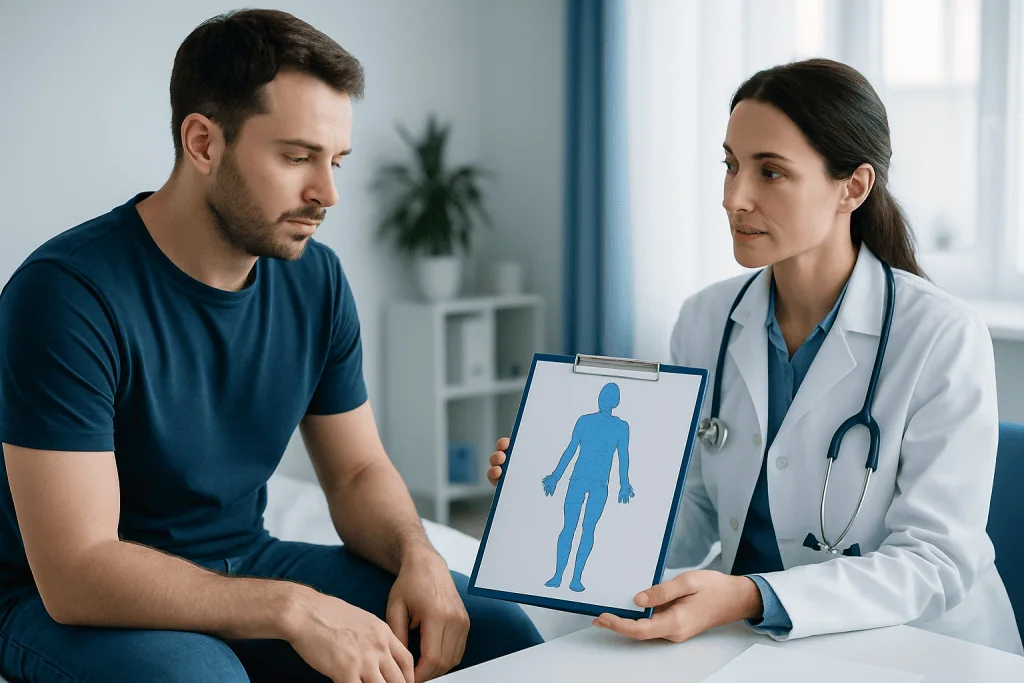 Doctor explaining dermatomes to patient with diagram.