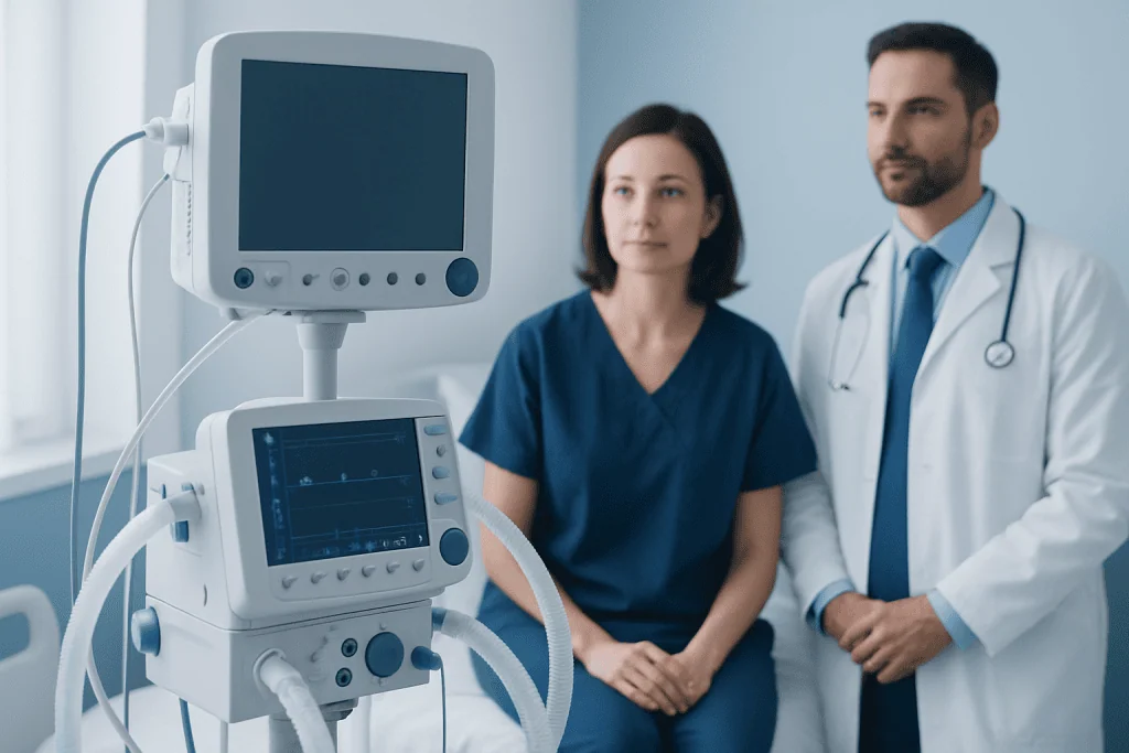 Medical professionals monitoring patient in hospital room with ventilator.