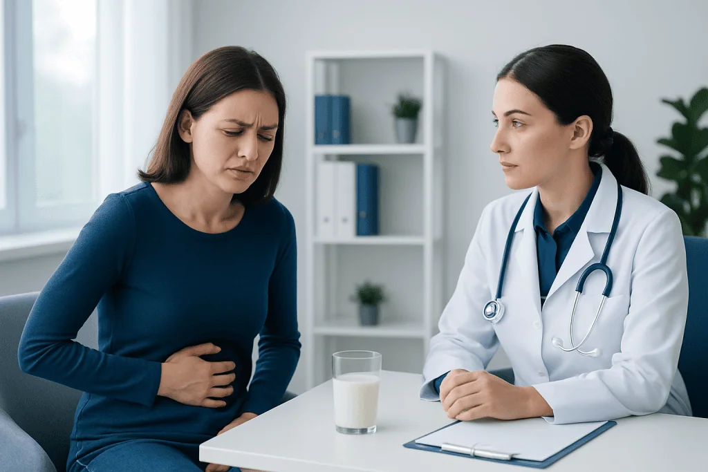 Patient experiencing stomach pain during consultation at Acibadem Hospital.
