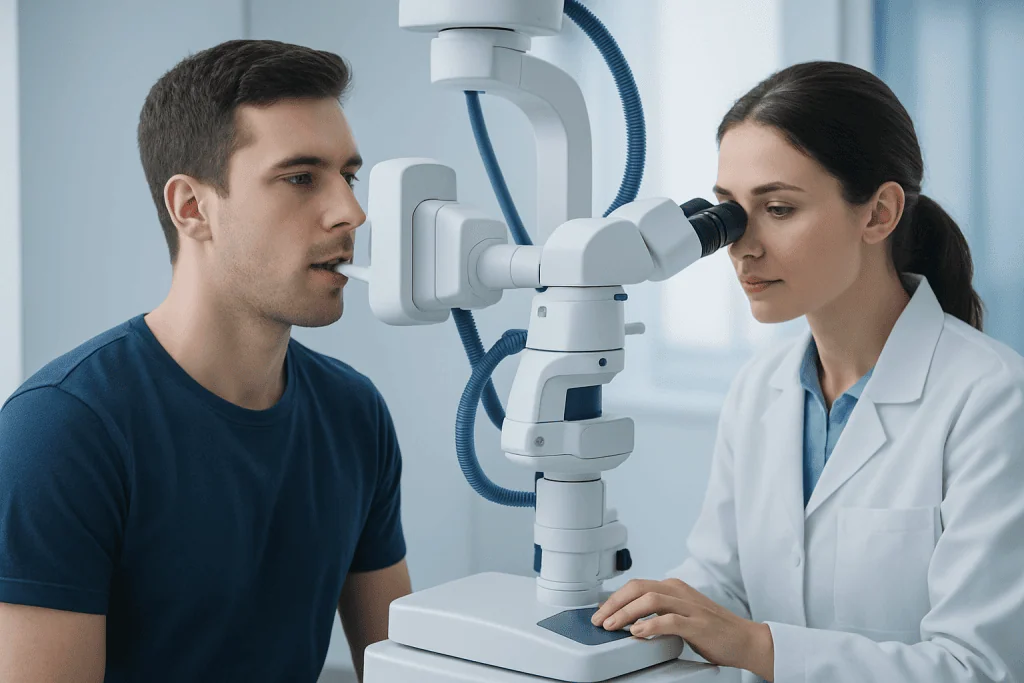 Doctor examining patient's eye with a slit lamp in a clinical setting.