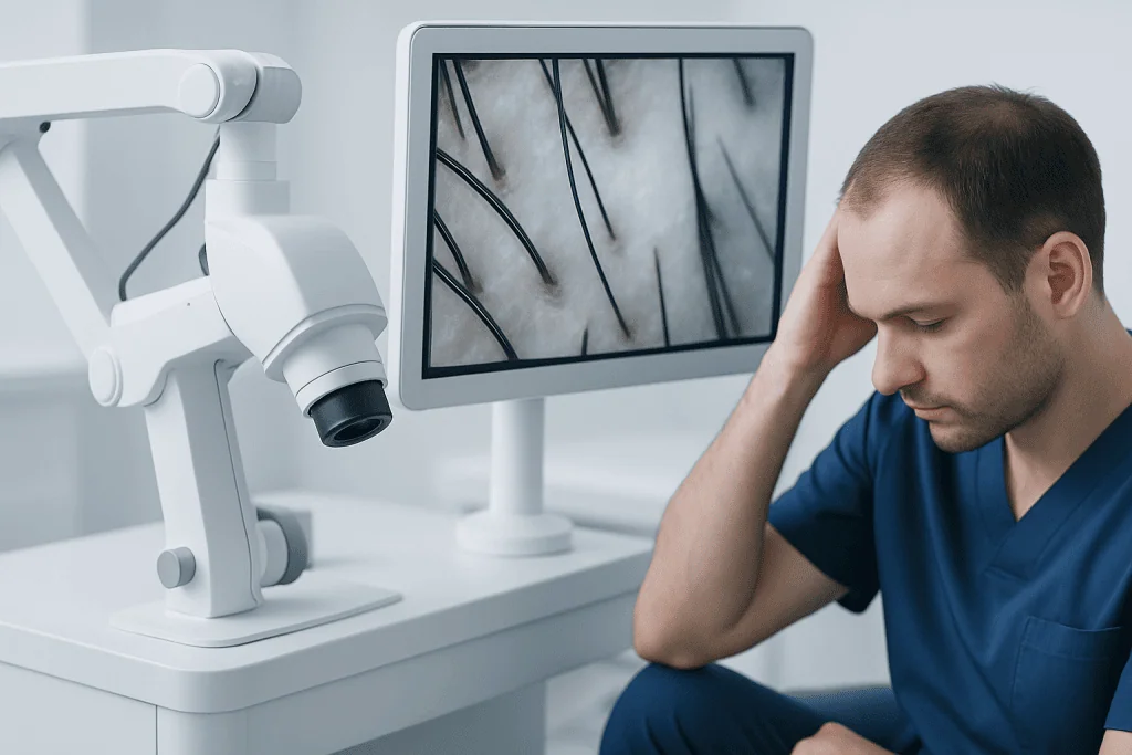 Doctor examining scalp using a microscope and monitor at a clinic.