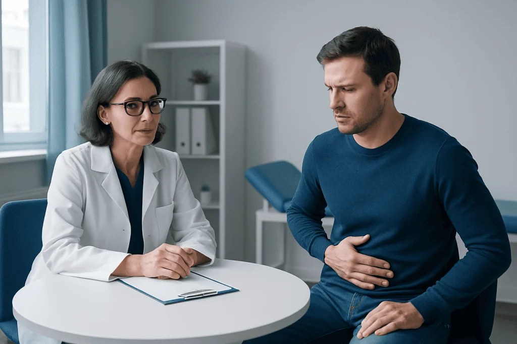Doctor consulting with a patient about stomach health and H. pylori bacteria.