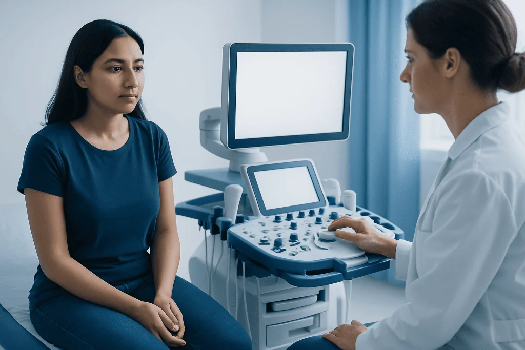 Medical consultation with ultrasound examination in progress at Acibadem Hospital.