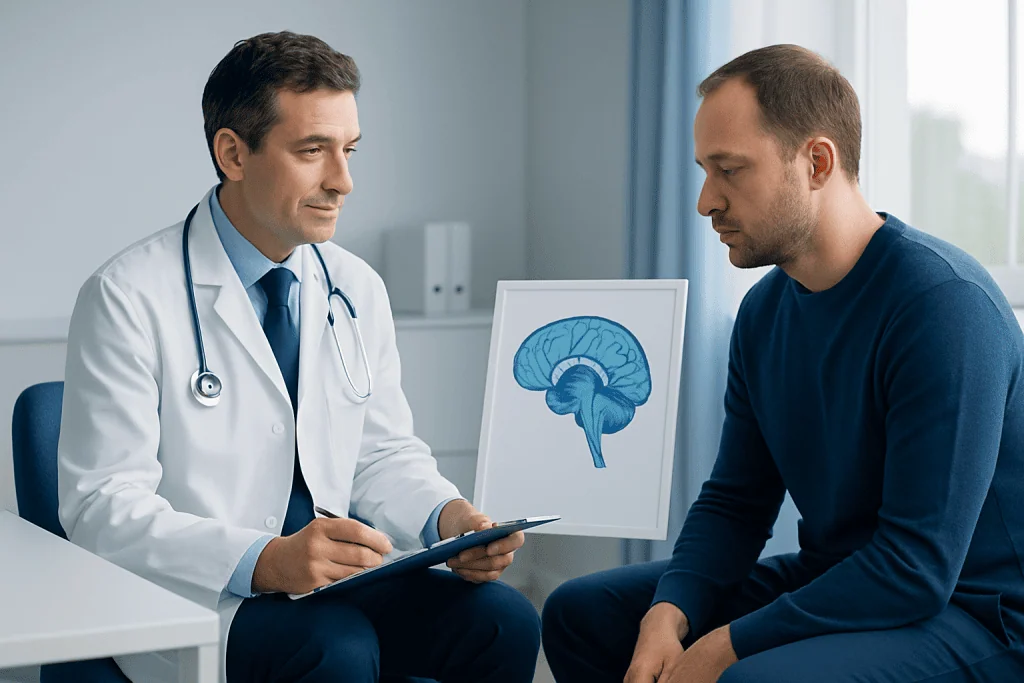 Doctor explaining midbrain health to patient with brain diagram.