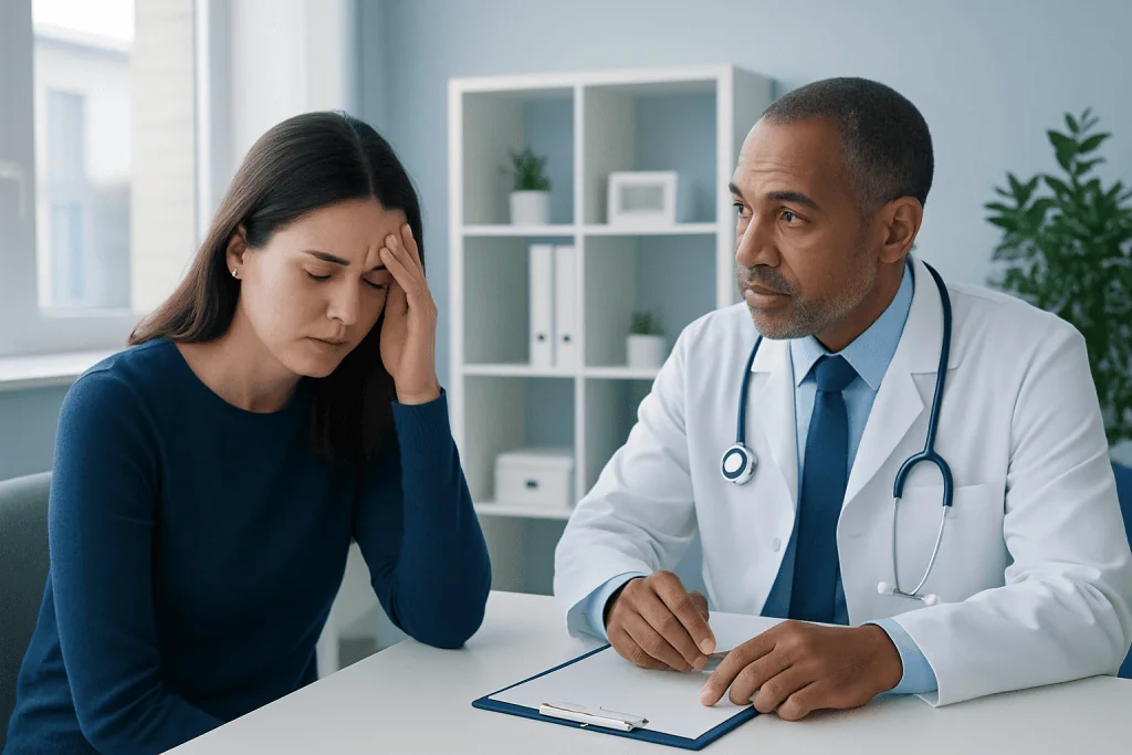 Doctor consulting with a woman experiencing headache in a medical office.