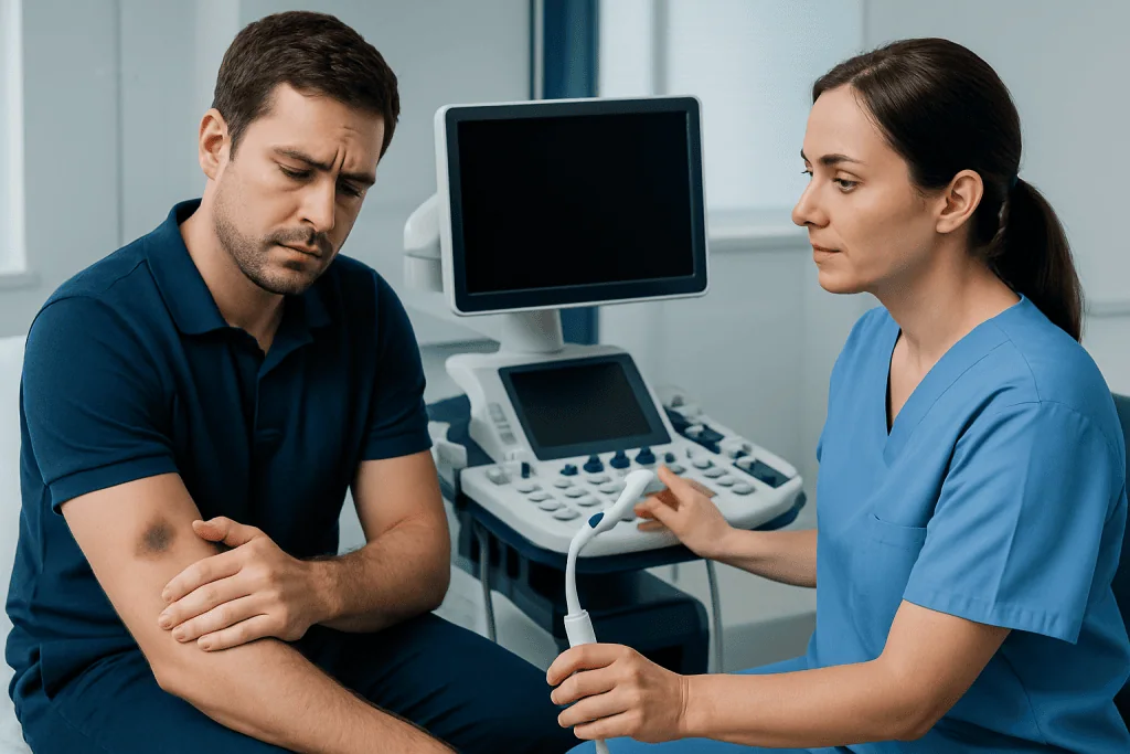 Doctor examines bruise on patient's arm in medical clinic setting.