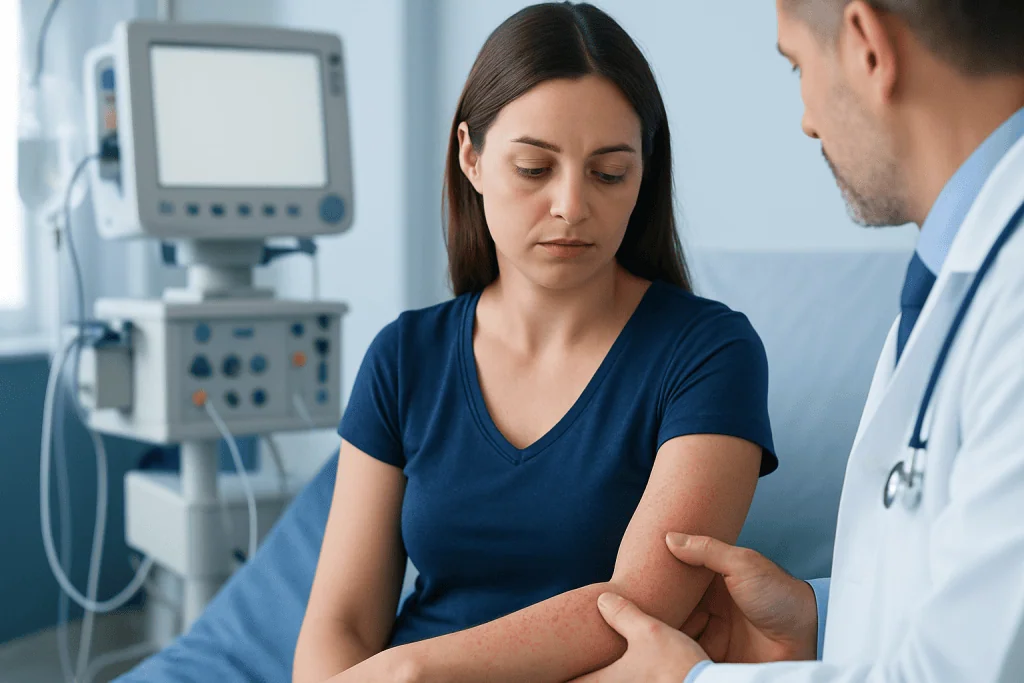 Doctor examining a woman's arm in a medical setting.