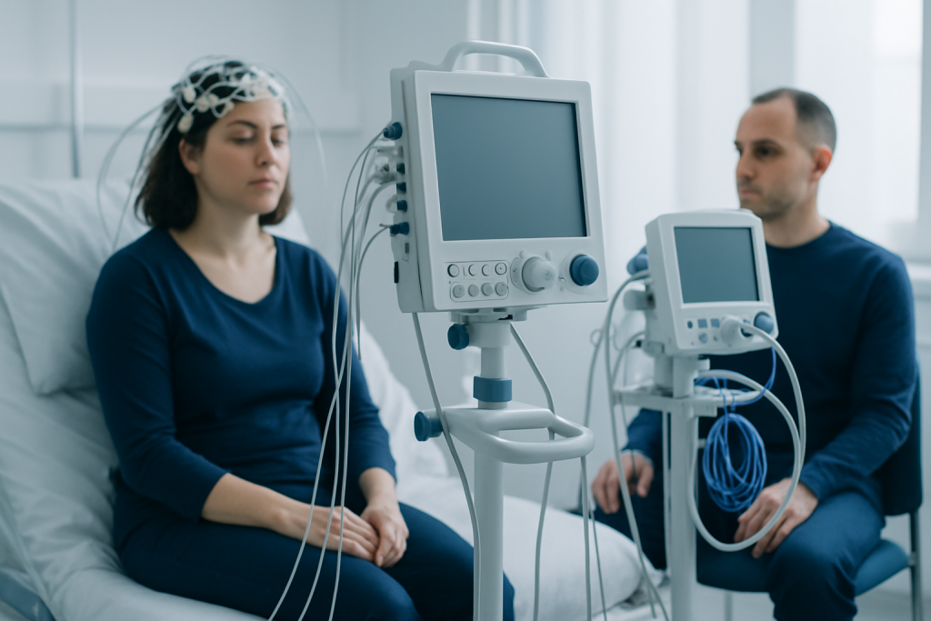 Patient undergoing EEG monitoring in a hospital setting.