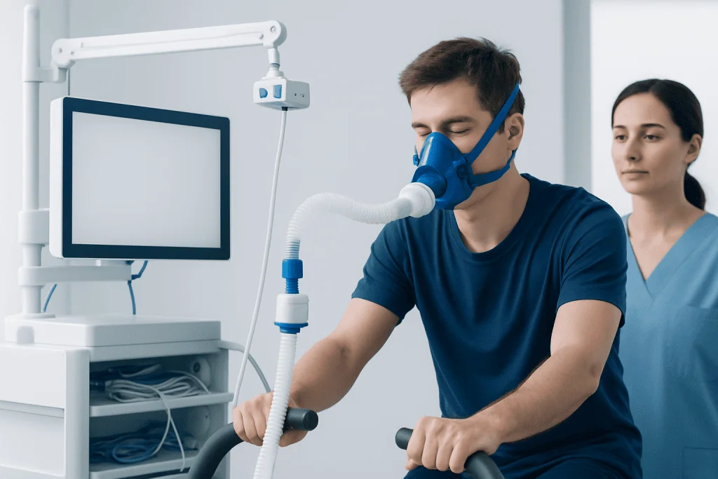 Patient undergoing respiratory test with mask in a clinical setting.
