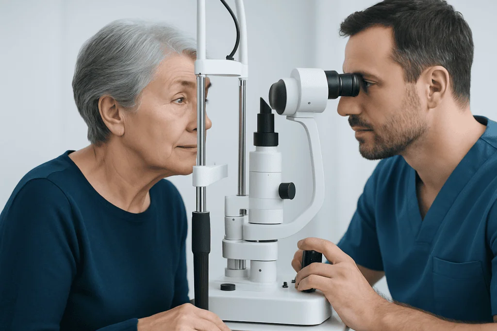 Optometrist examining elderly woman's eye with slit lamp microscope.