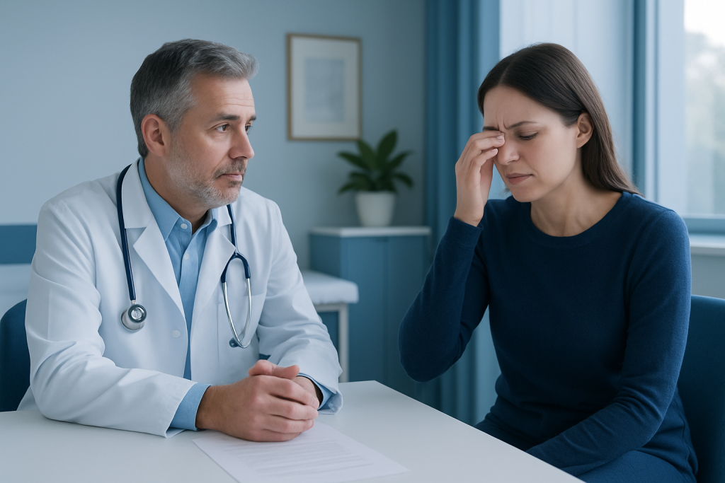 Doctor consulting with a woman experiencing headache or discomfort in a medical office.