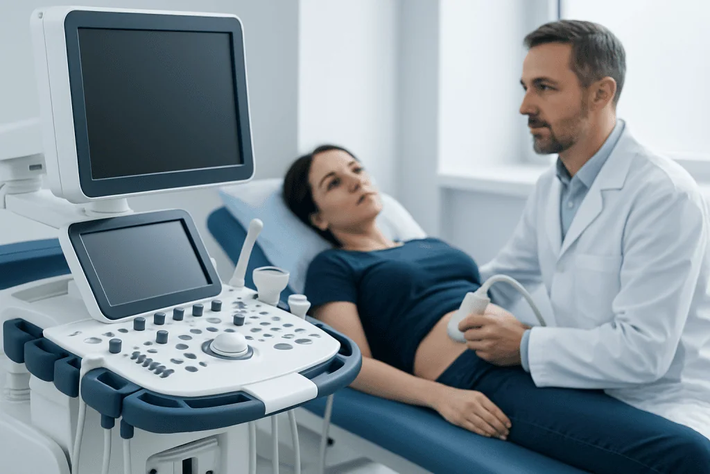 Doctor performing an ultrasound exam on a patient in a hospital room.