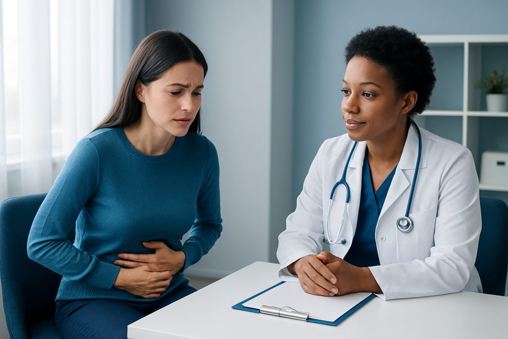 Woman experiencing stomach pain consulting with doctor in clinic.