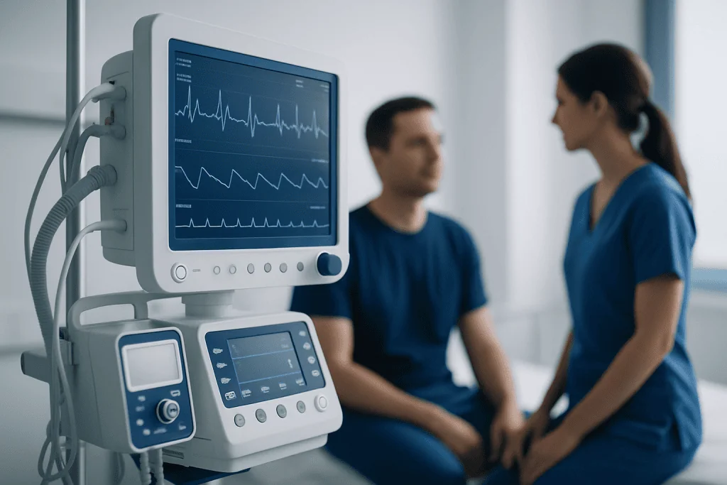 Medical professionals monitor a patient's vital signs on a hospital ECG machine.