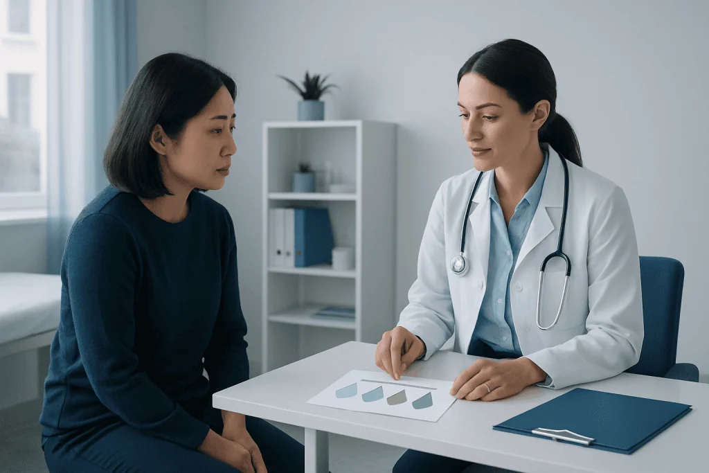 Doctor explaining phlegm color chart to patient in consultation room.