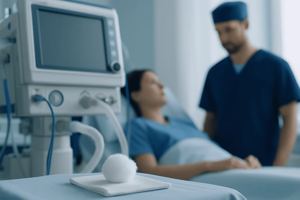 Patient in hospital bed with medical staff and equipment in background.
