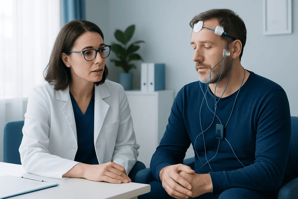 Patient undergoing a sleep study with a healthcare professional in a clinical setting.