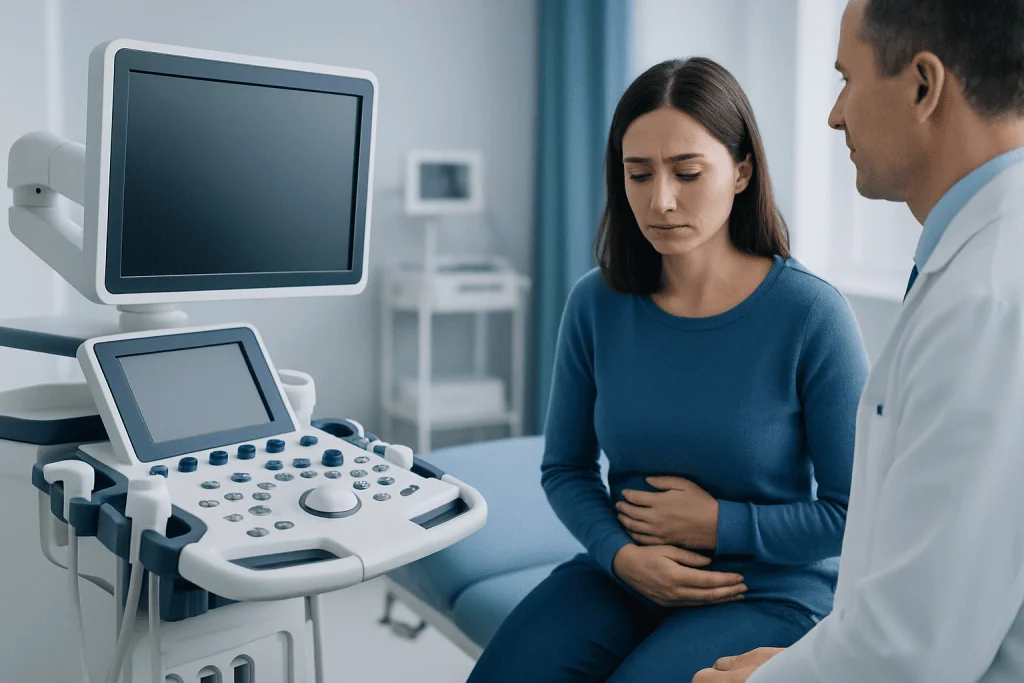 Doctor consulting with a woman about abdominal discomfort in a medical clinic.