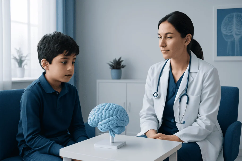 Child undergoing neuropsychological testing with doctor in clinic.