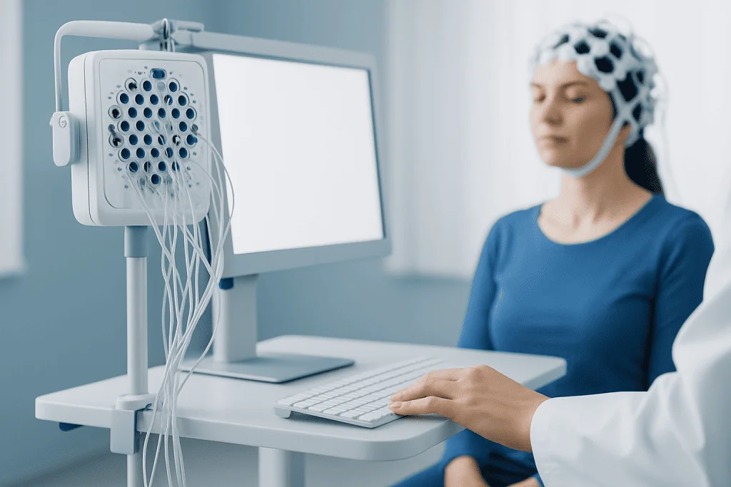 EEG cap on patient during neuropsychology assessment at Acibadem Hospital.