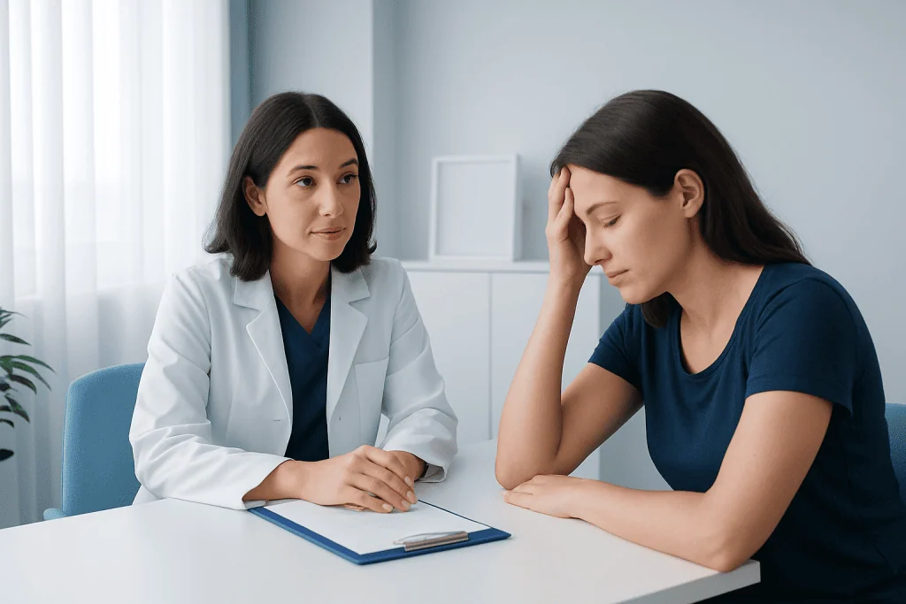 Doctor consulting with a patient about health concerns in a medical office.